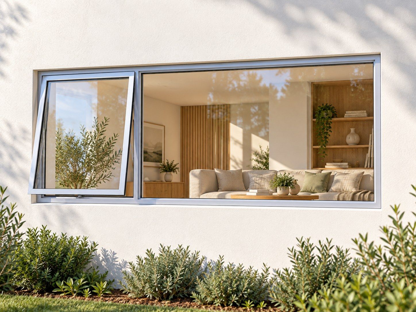Kenzo Premium Top-Hung Aluminium Window - Silver, 2400 600 mm, Left Upper Opener with Fixed Side Pane, Clear Glass