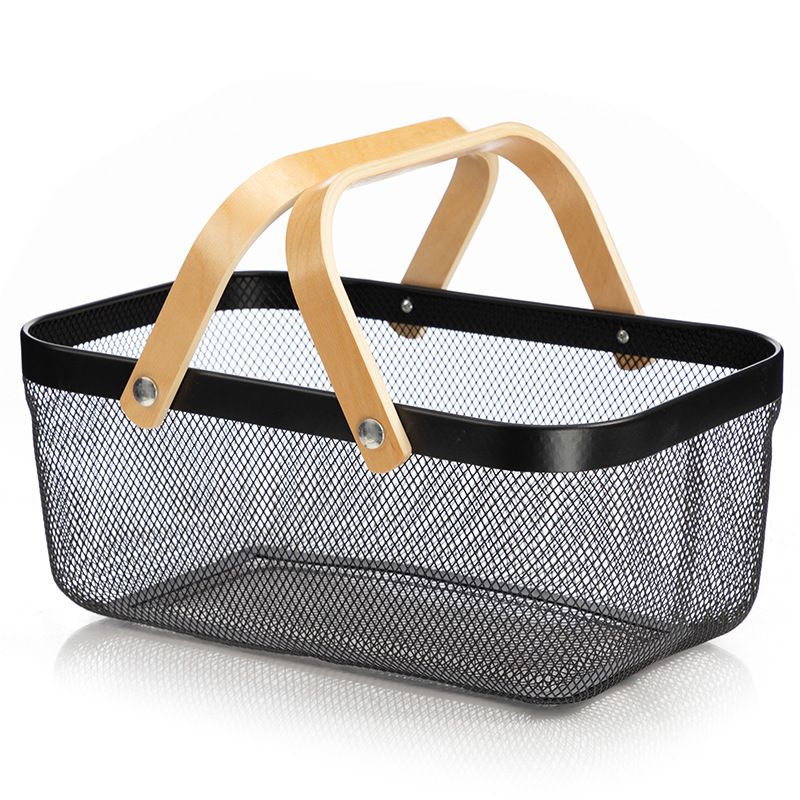 Metal Mesh Rectangular Wooden Handle Storage Basket Storage Organizer - 40cm - Black