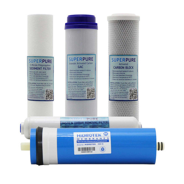 SUPERPURE 5-Stage Water Filter Replacement Cartridge set (incl RO membrane)