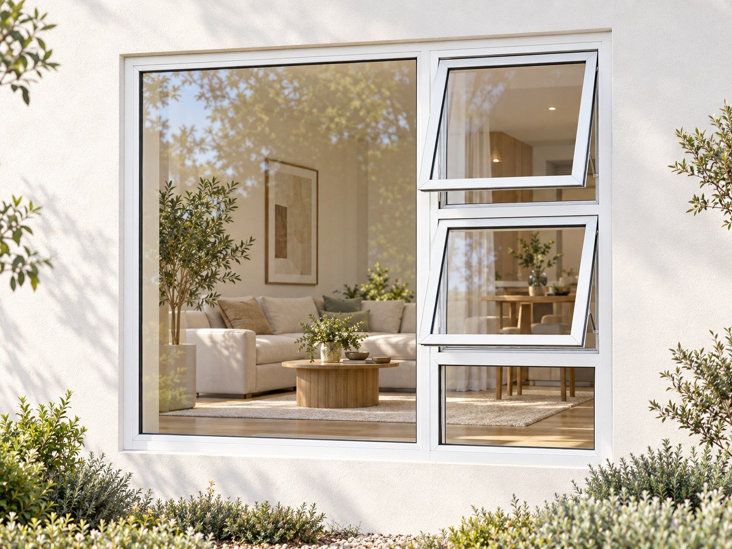 Kenzo Premium Top-Hung Aluminium Window - White, 1800 1500 mm, Right Two Openers with Fixed Lower and Side Panes, Clear Glass