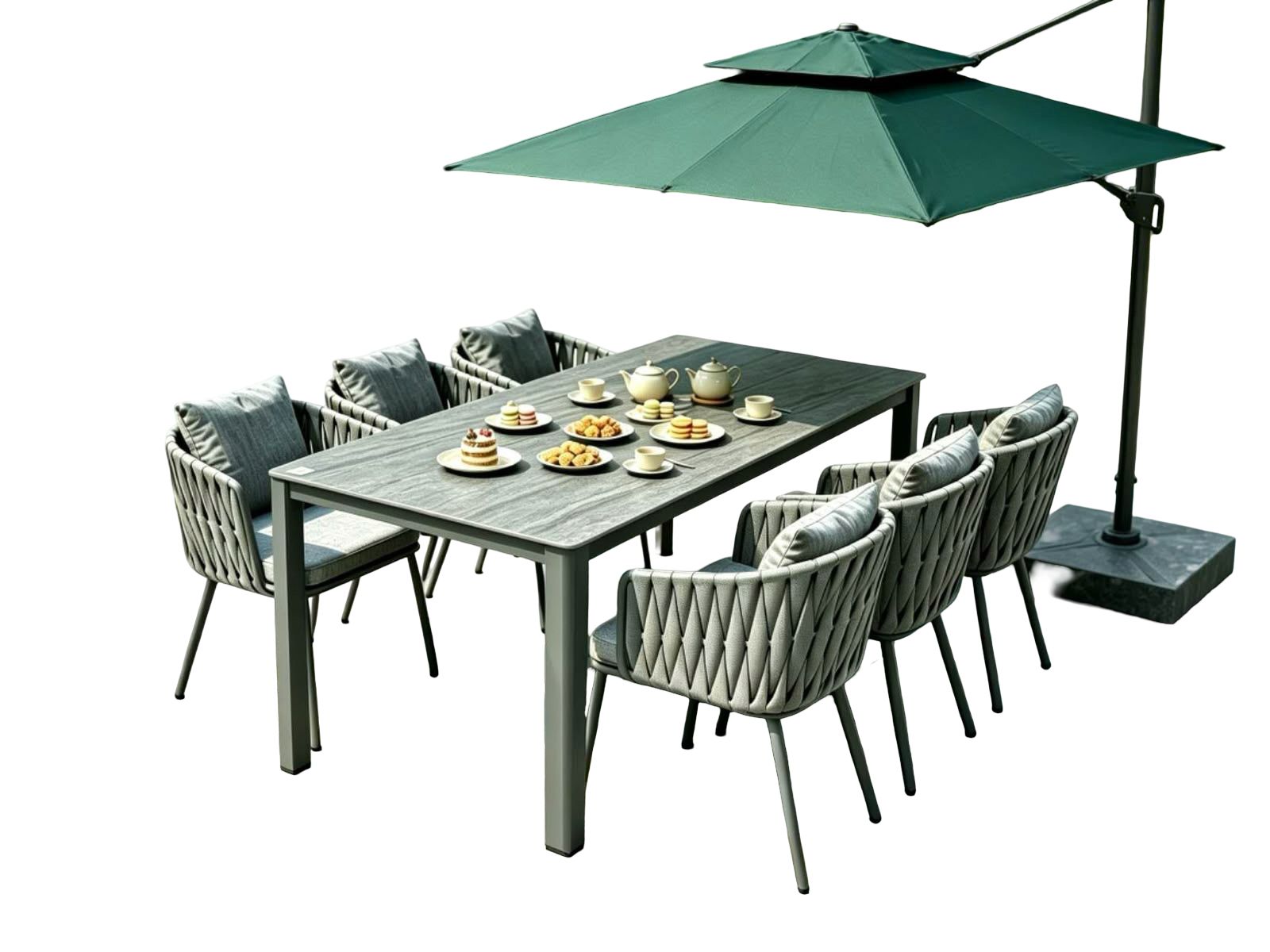 7-Piece Outdoor Woven Rope Dining Set with Stone-Look Table & Cantilever Umbrella