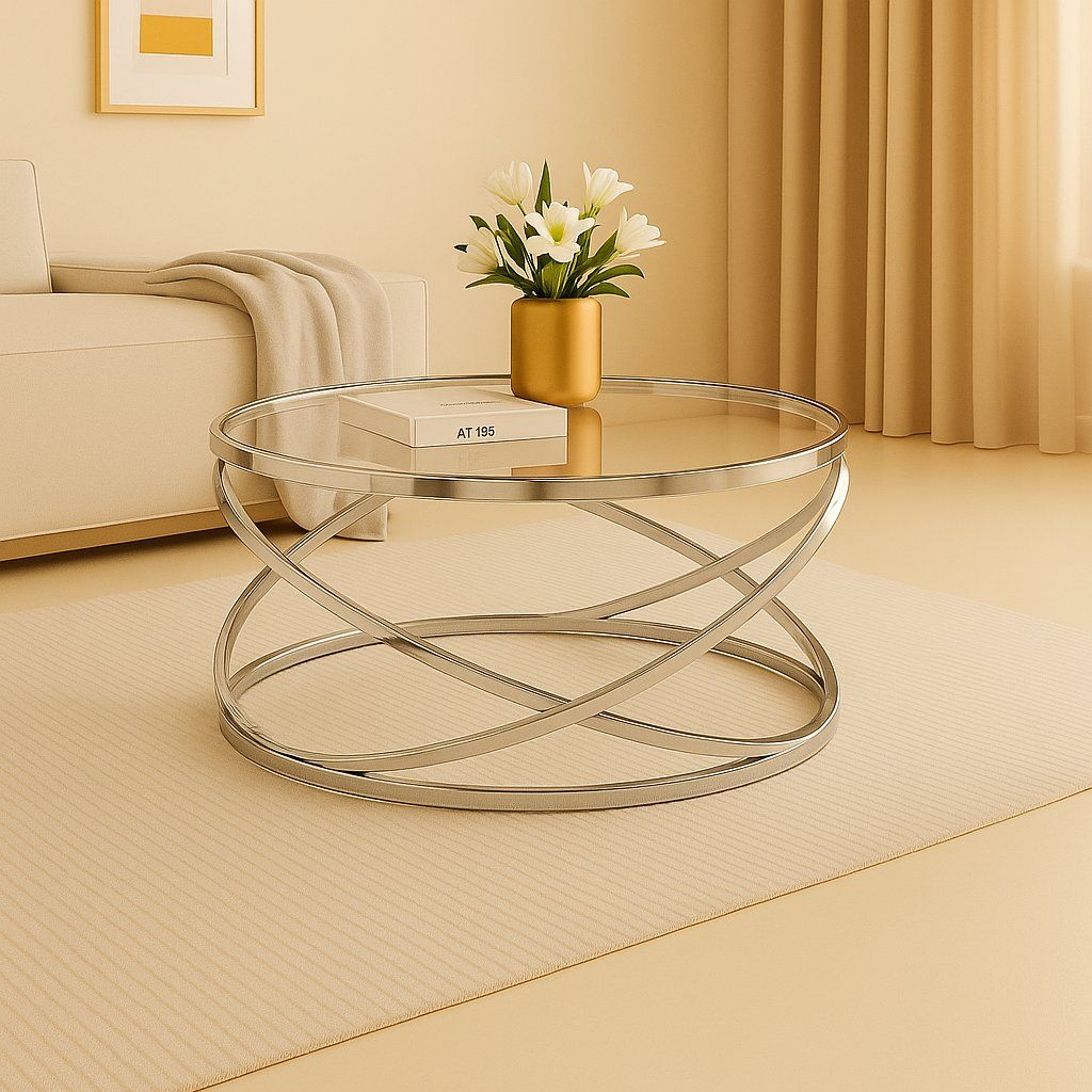 EFURN-Orbit Glass Coffee Table 80cm (Silver Chrome )
