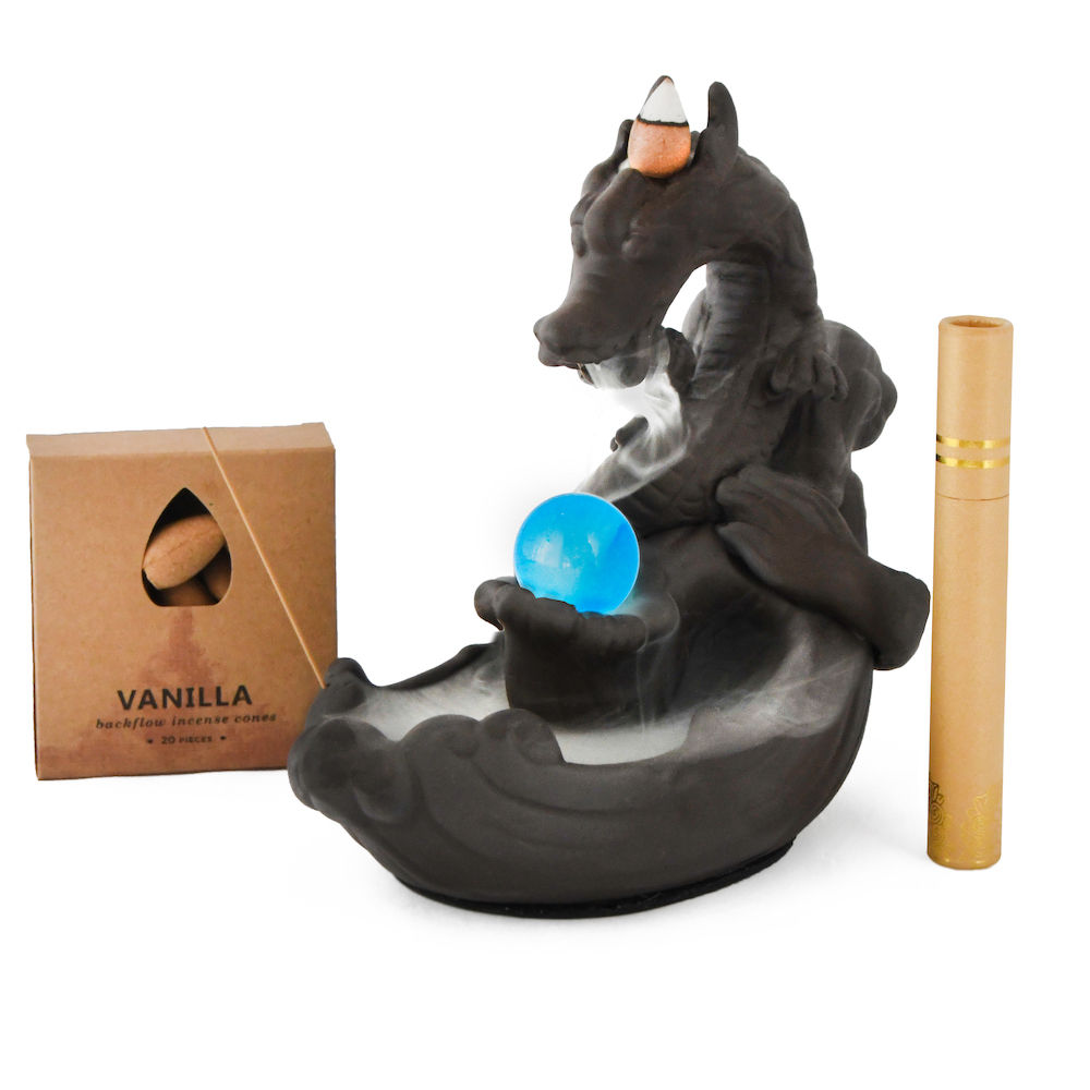 Handcrafted Ceramic Mystical Dragon Incense Burner & Glass Ball with Backflow Cones & Incense Sticks