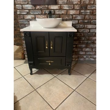 black vanity, 800 x 500 , with white basin and black tap— Ready to Install”