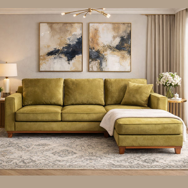 Modern L-Shaped Sofa with Wooden Legs – Olive