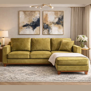 Modern L-Shaped Sofa with Wooden Legs &ndash; Olive