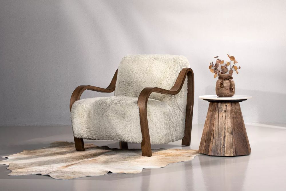 LARSON ARMCHAIR POLYESTER FUR & RUBBERWOOD MID-CENTURY ACCENT CHAIR