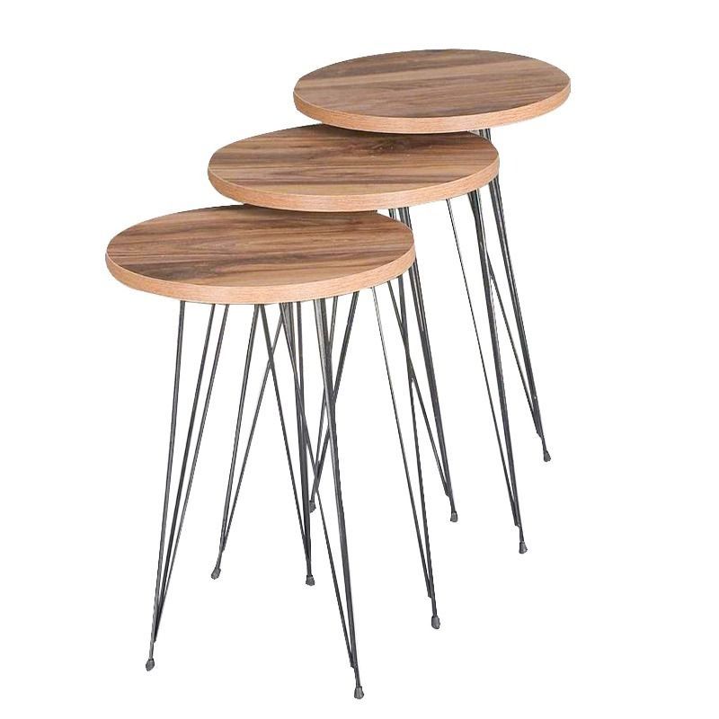 Luxurious Modern 3 Piece Round Nesting Side/End Table Set with Metal Legs - Walnut