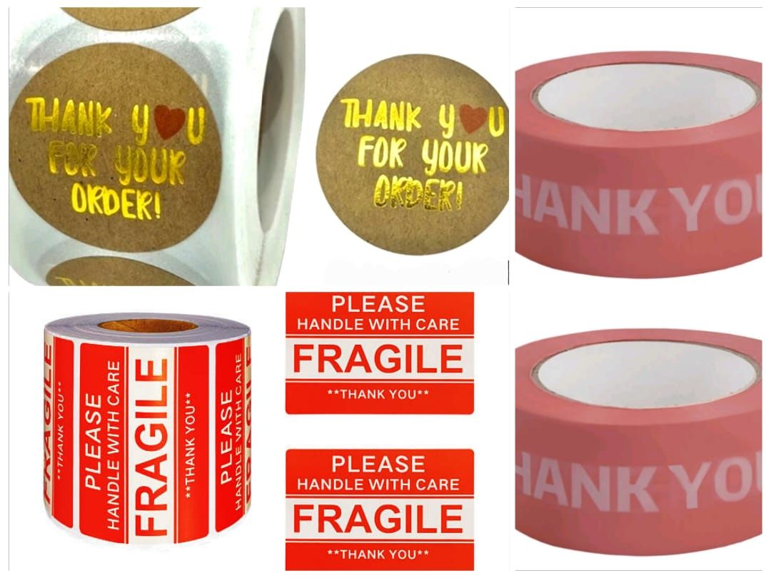 Combo Pink Bopp Tape with Fragile & thank you stickers gifts business