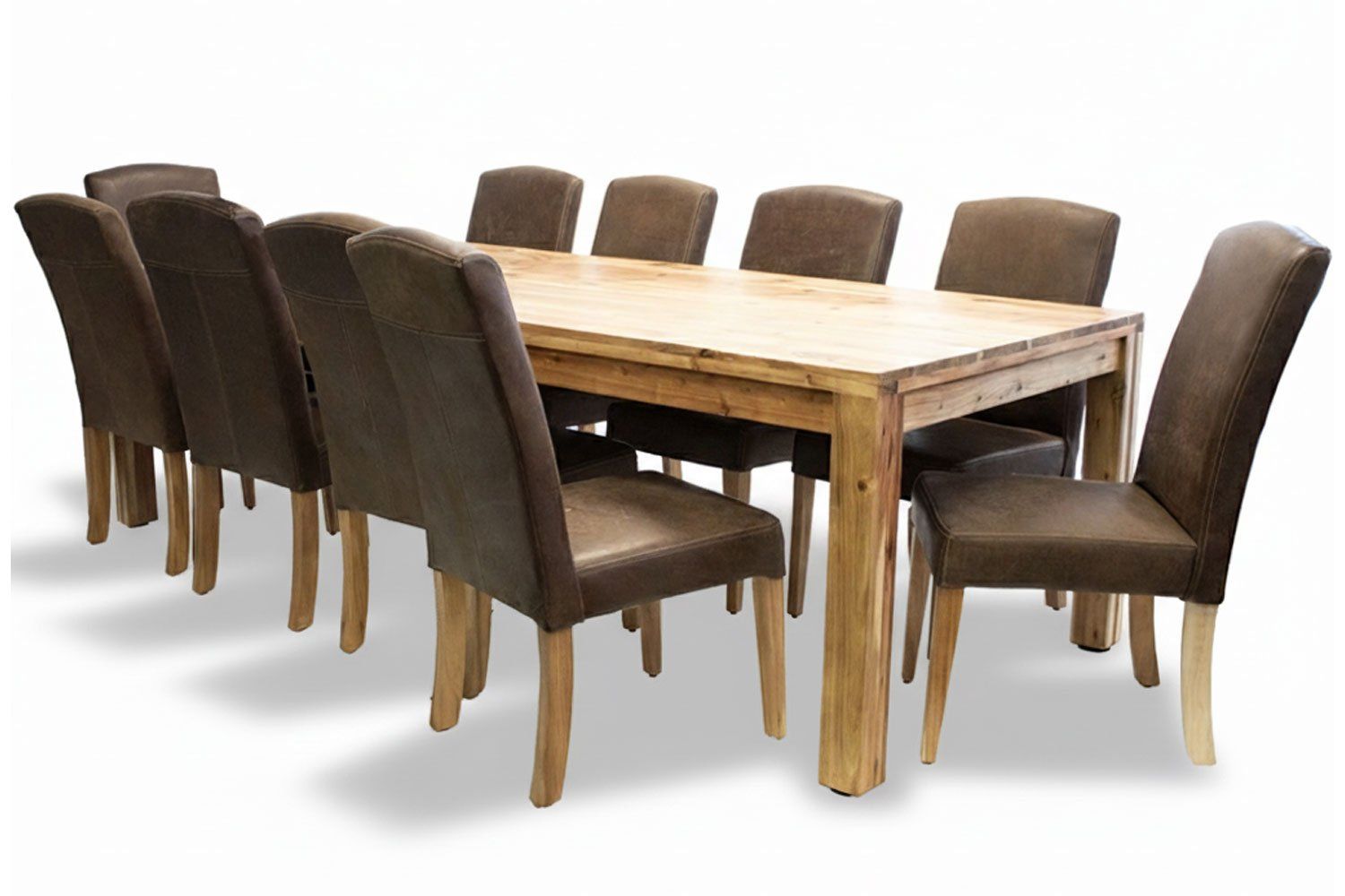 Primo Dining Set 11-Piece Solid Blackwood Table 2800mm x 1100mm x10 Primo Genuine Leather Dining Chairs (Brown)