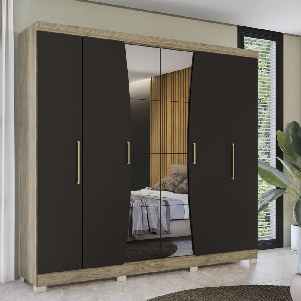 Fabiana 6 Door Wardrobe With Mirror-Walnut/Matt Black