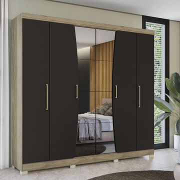 Fabiana 6 Door Wardrobe With Mirror-Walnut/Matt Black
