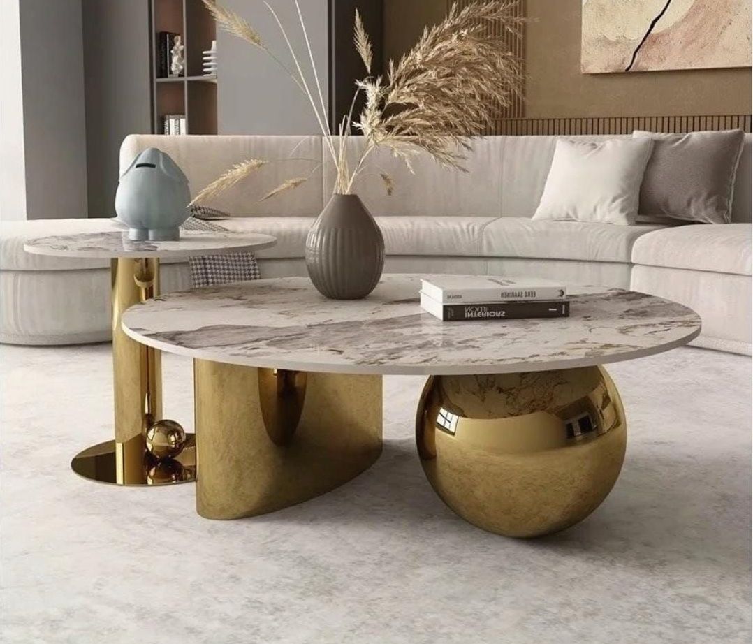 Modern Marble-Effect Coffee Table with Gold Base, Round Design, Contemporary Living Room Furniture