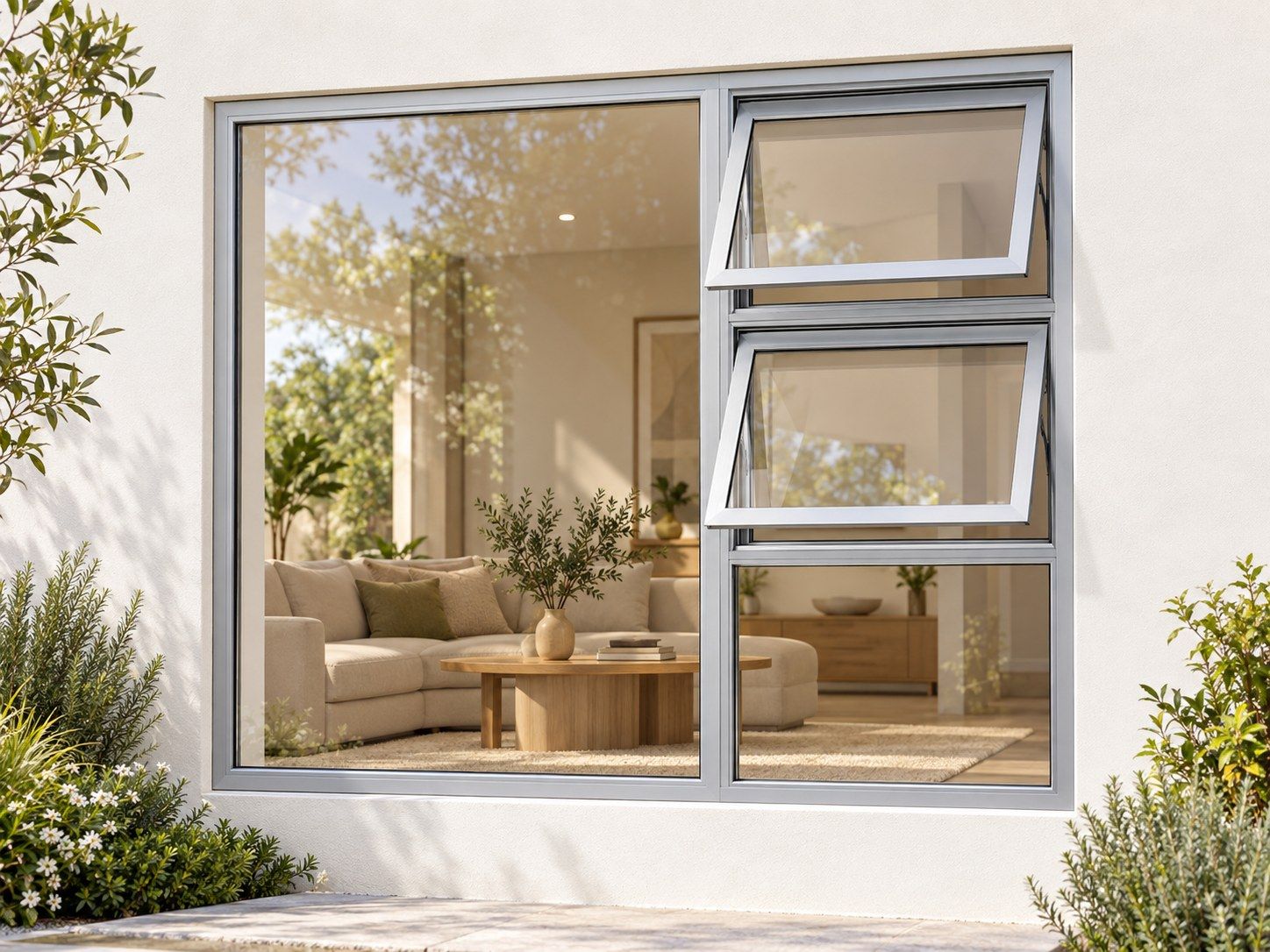 Kenzo Premium Top-Hung Aluminium Window - Silver, 1800 1500 mm, Right Two Openers with Fixed Lower and Side Panes, Clear Glass