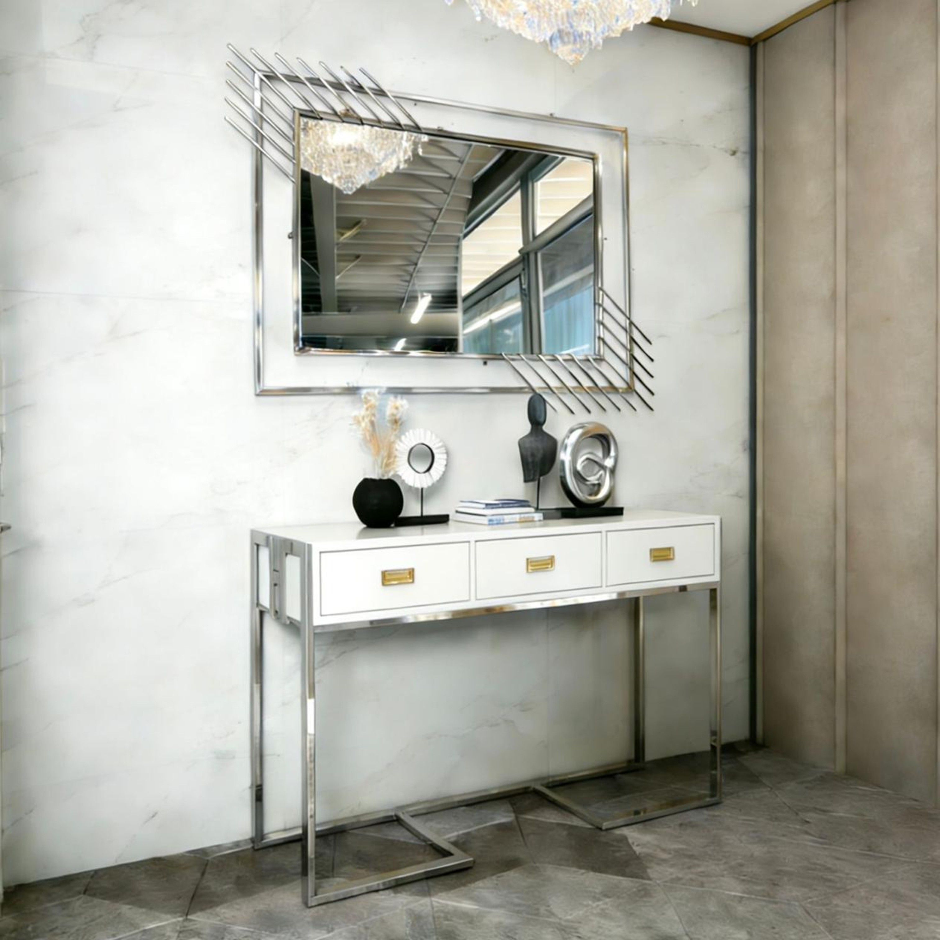 Madiega Furniture - Silver-Frame White Glossy Console & Mirror Set