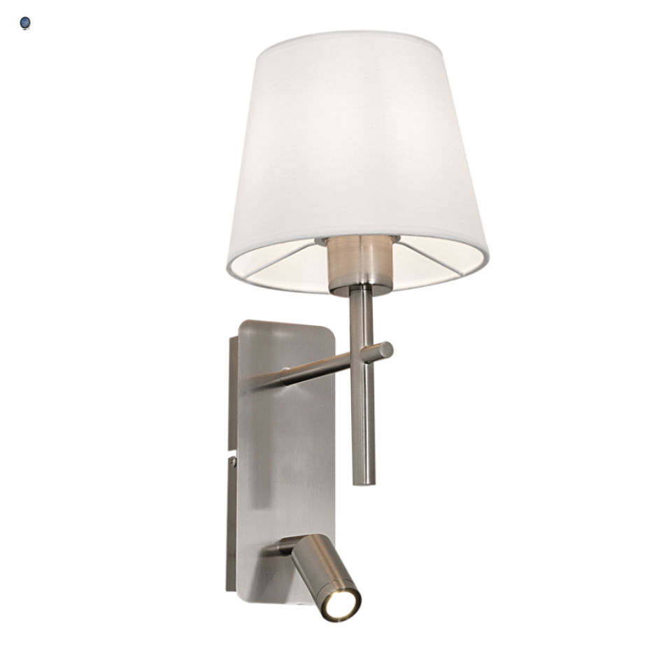 Satin Chrome Wall Bracket with White Fabric Shade and 2 Switches