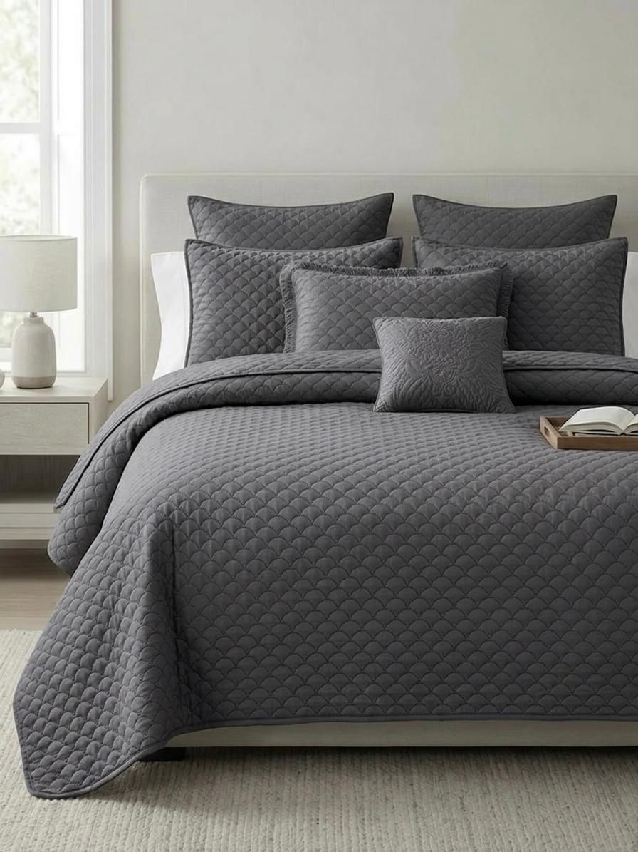 Premium Embossed Bedspread 5 Piece Queen/King Set - Dark Grey