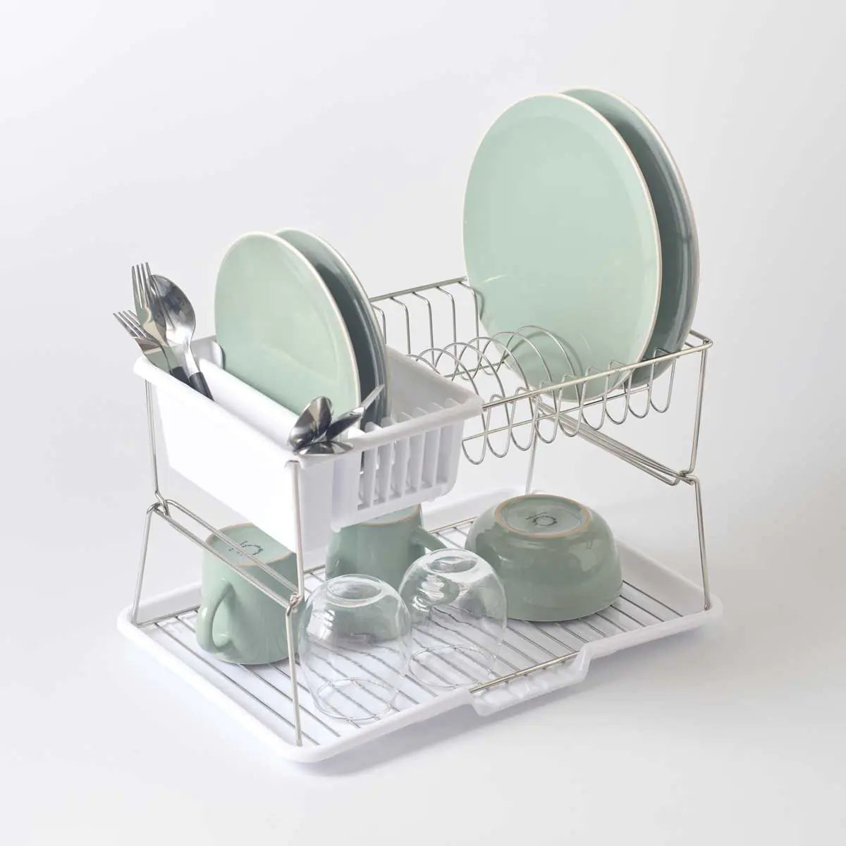 2-Tier Dish Rack – White & Stainless Steel Kitchen Organizer