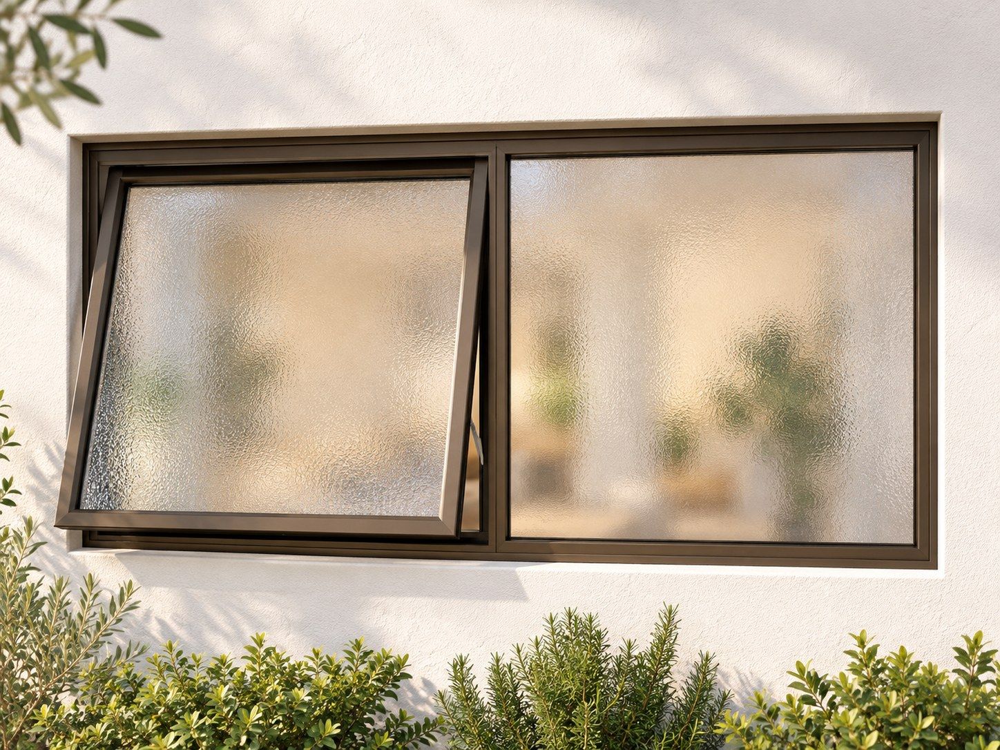 Kenzo Premium Top-Hung Aluminium Window - Bronze, 1200 600 mm, Left Upper Opener with Fixed Side Pane, Obscure Safety Glass