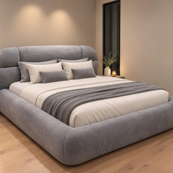Califia Furniture Queen Grey Upholstered Bed Frame with Oversized Cushioned Headboard