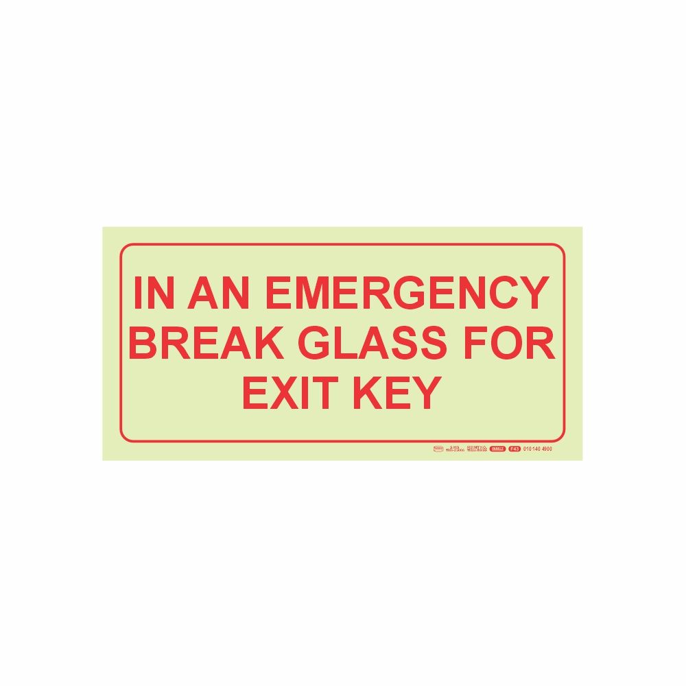 Photoluminescent 190mm Safety Sign F43 In An Emergency Break Glass For Exit Key