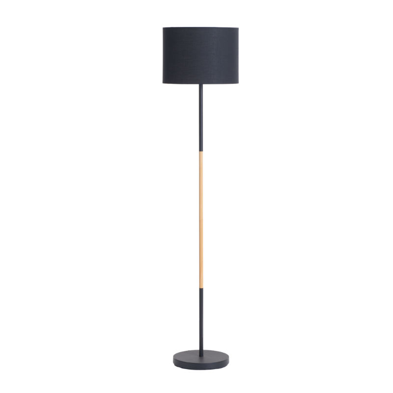 LAMP FLOOR-BLACK+WOOD-BLACK FABRIC SHADE 150cm H