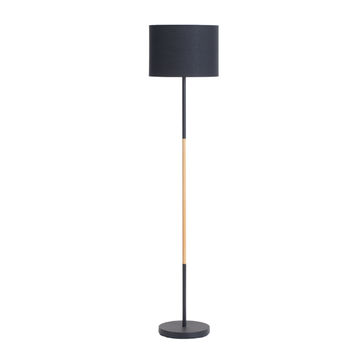 LAMP FLOOR-BLACK+WOOD-BLACK FABRIC SHADE 150cm H