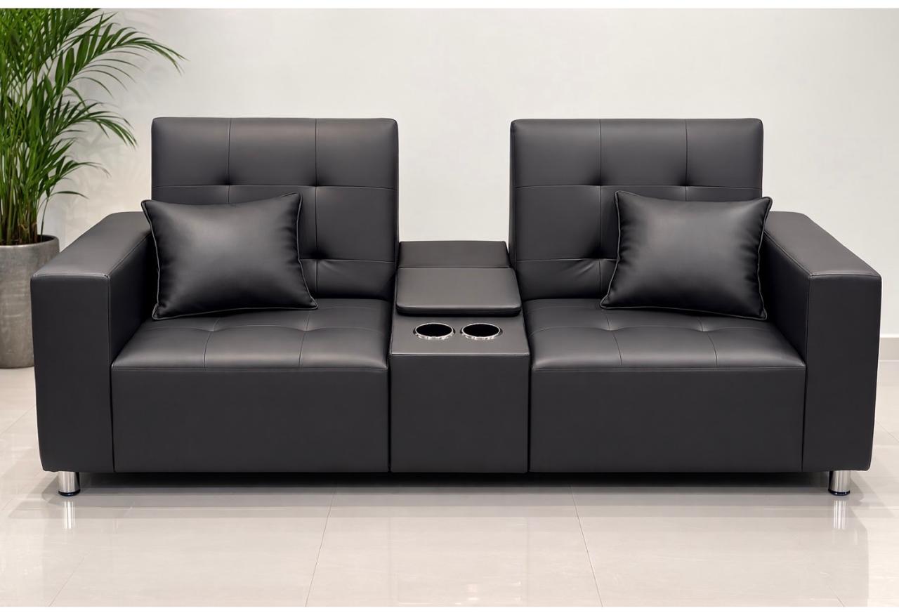 ASHER- UrbanLuxe Console Sofa Black – 2 Seater with Cup Holders