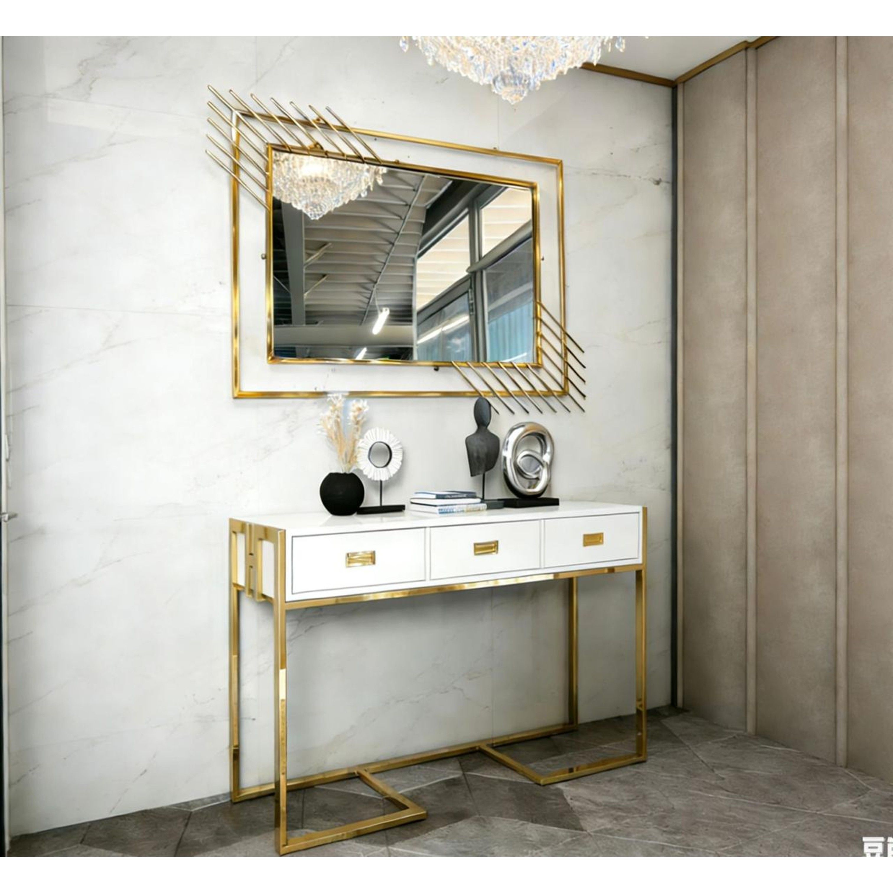 Madiega Furniture - Gold-Frame White Glossy Console & Mirror Set
