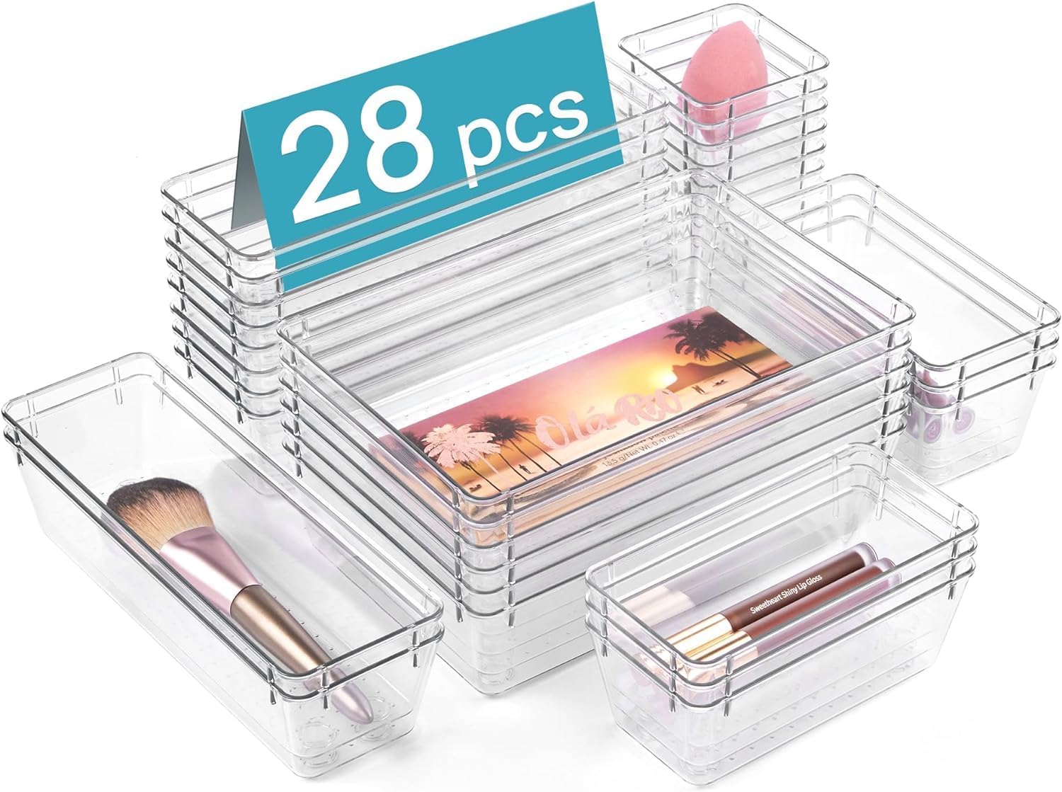 28 Piece Clear Acrylic Plastic Drawer Organizer Set 4 Sizes For Cosmetics