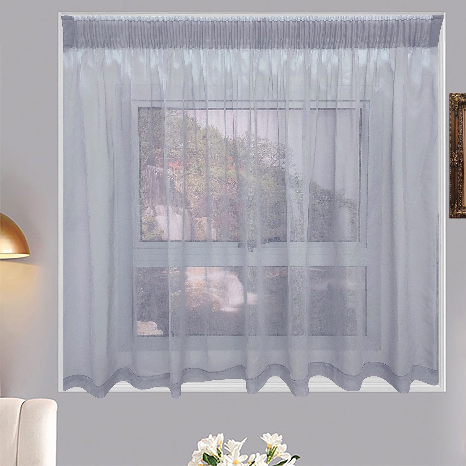 Matoc Designs Café Curtain - Mystic Voile - Dove - Taped - Single Layer - 300cm W x 120cm H