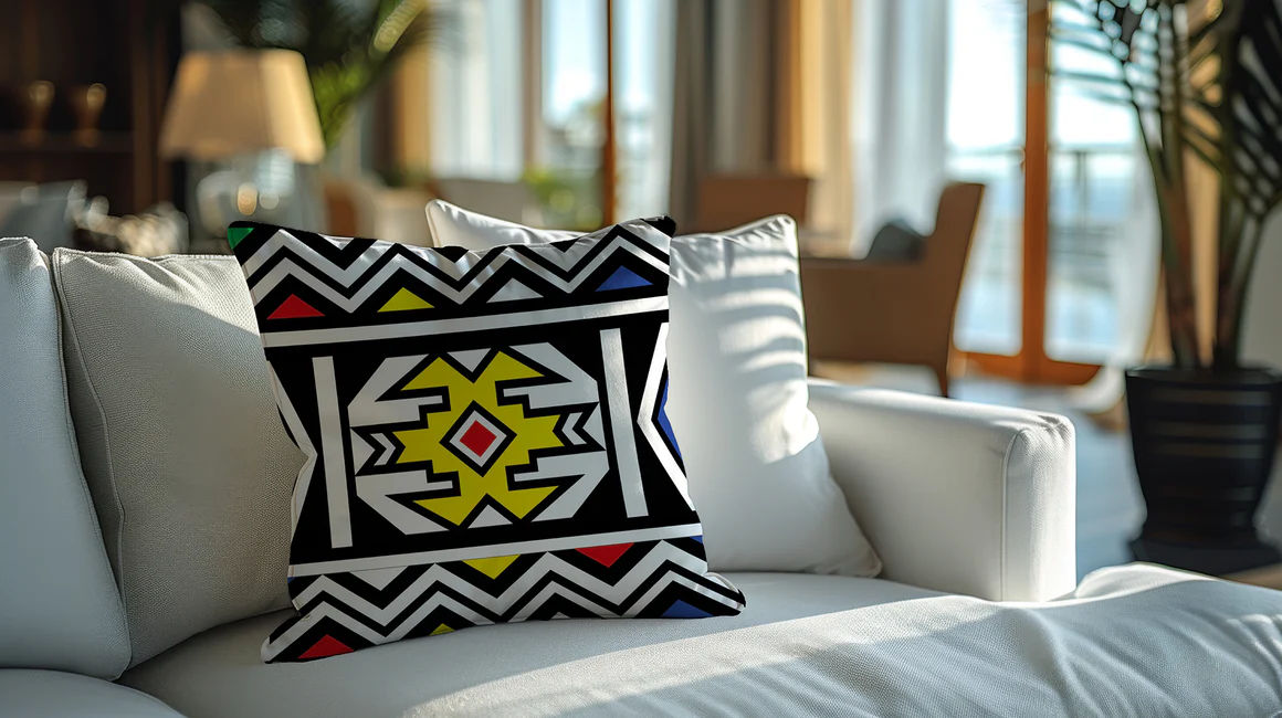 Ndebele African Print Cushions Red, Blue, White