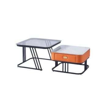Nesting Square Glass Top Coffee Table with Marble Top Drawer Table XT-12