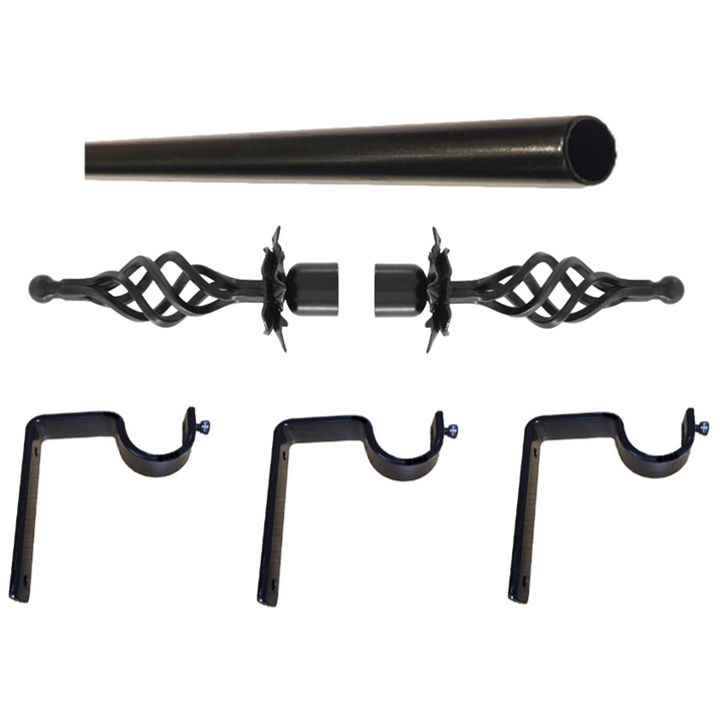 Matoc 32mm Curtain Single Metal Pole Set -Flower BigBasket Finials -Black -3.0m