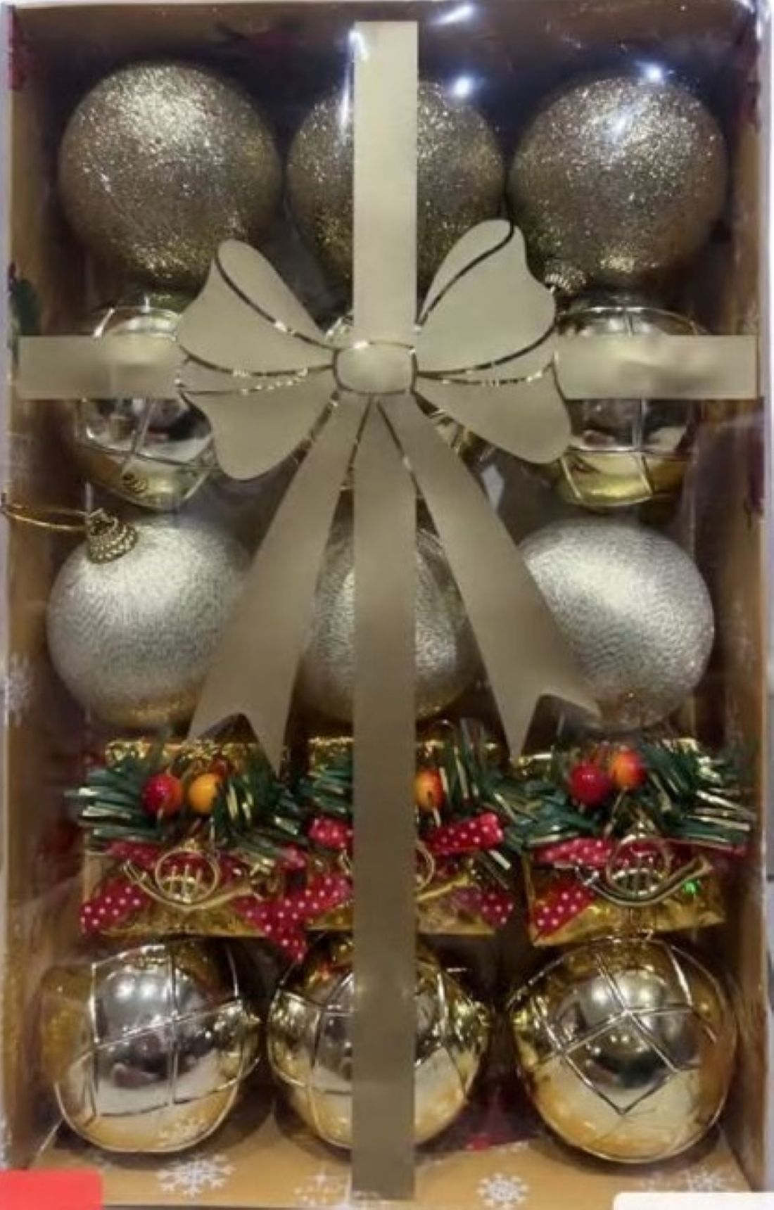 Christmas Tree Ornaments Set, Red and Gold Glitter Baubles, 12 Pieces, Holiday Decorations