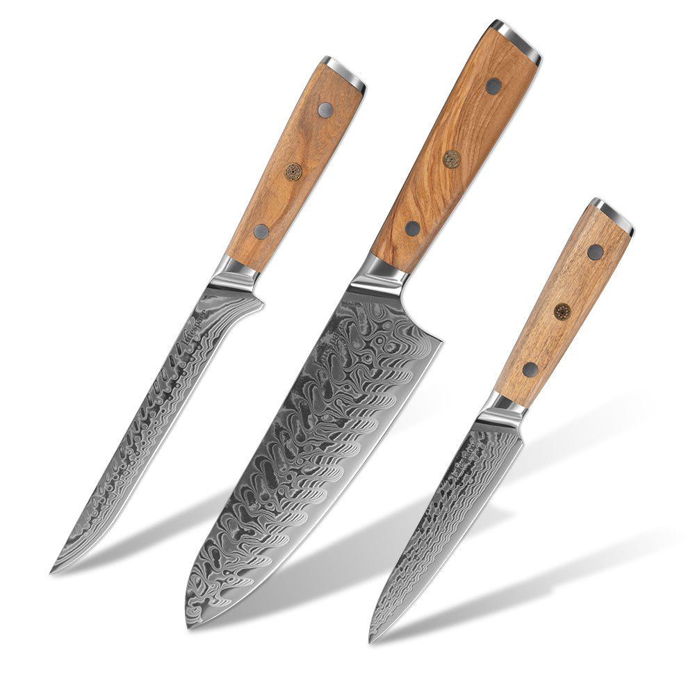 Lifespace Luxury 3pce Olive Wood Handle Full Tang Damascus Blade Chef Knife Set in a Gift Box