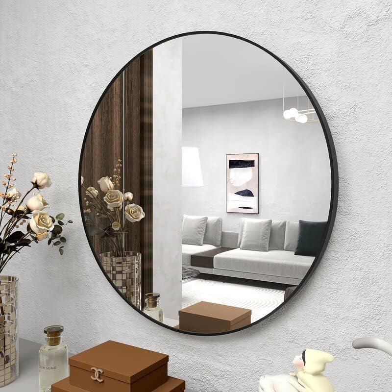 KC FURN - Island Black Frame Round Mirror 80cm