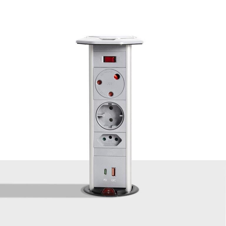 Powerlogic Powerdock MK545 Pull Up Multiplug White with 45W USB Charger - Light Grey