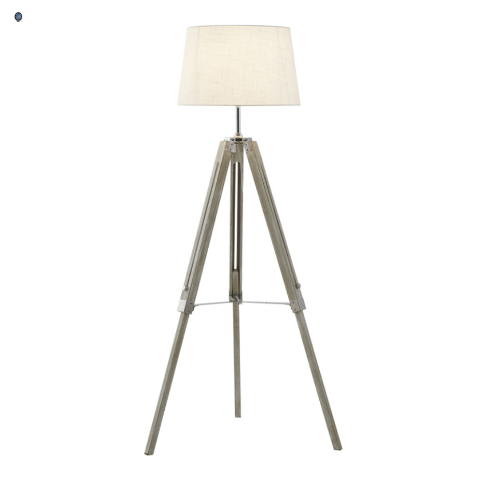 Wood and Polished Chrome Floor Lamp with Beige Fabric Shade