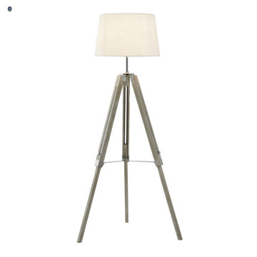 Wood and Polished Chrome Floor Lamp with Beige Fabric Shade