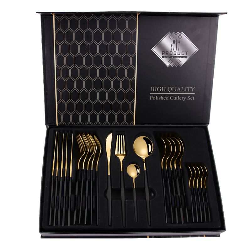 24 Piece Stainless Steel Cutlery Set - Gold/Black