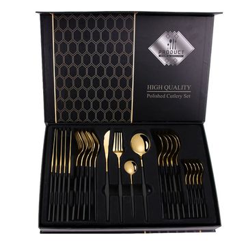 24 Piece Stainless Steel Cutlery Set - Gold/Black