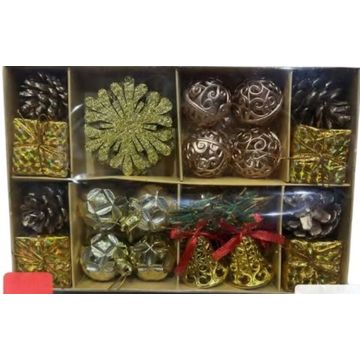 Decorative Christmas Ornaments Set, 24 Pieces, Assorted Designs-Gold
