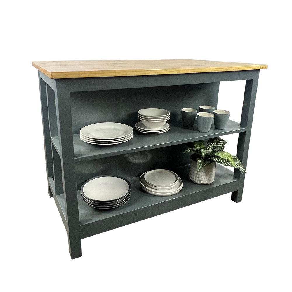 Struisbaai Solid Wood Graphite Kitchen Island – with Shelves and Bar Table / Wooden Kitchen Trolley