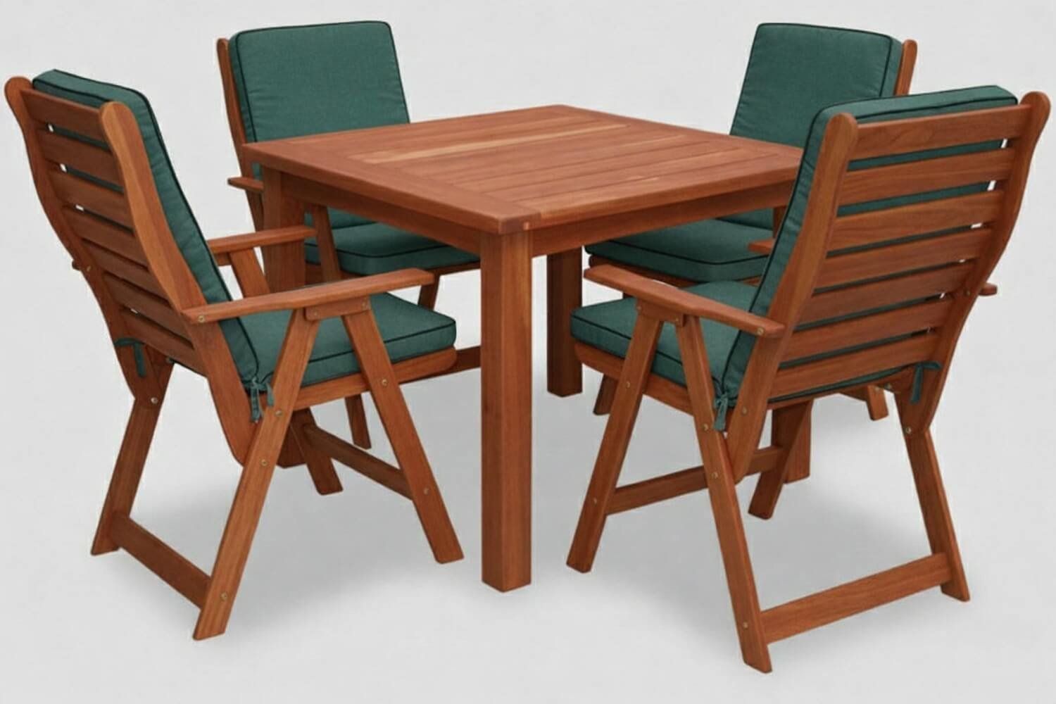 Zambezi Teak Patio Dining Set 4-Seater 1100mm x1 Table x4 Highback Chairs (Green Cushions)