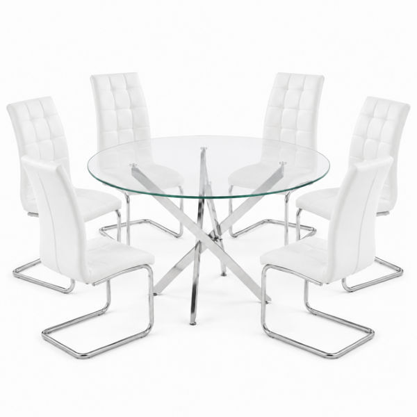 Ziyane Vogue 140cm Clear Glass Round Dining Table &6 Cantilever Chairs Set-White