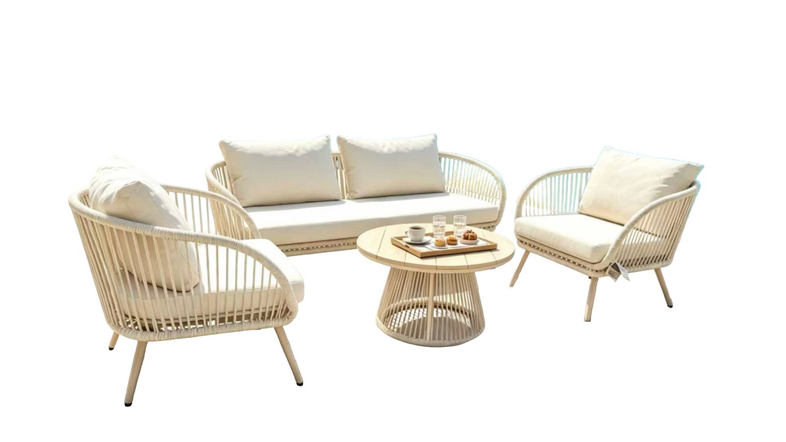 Luxury 4-Piece Off-White Rope Outdoor Sofa Set with Round Pedestal Coffee Table