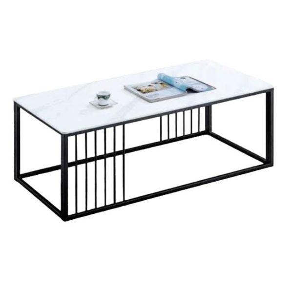 Modern Marble-Look Coffee Table with Black Metal Frame, Contemporary Living Room Furniture