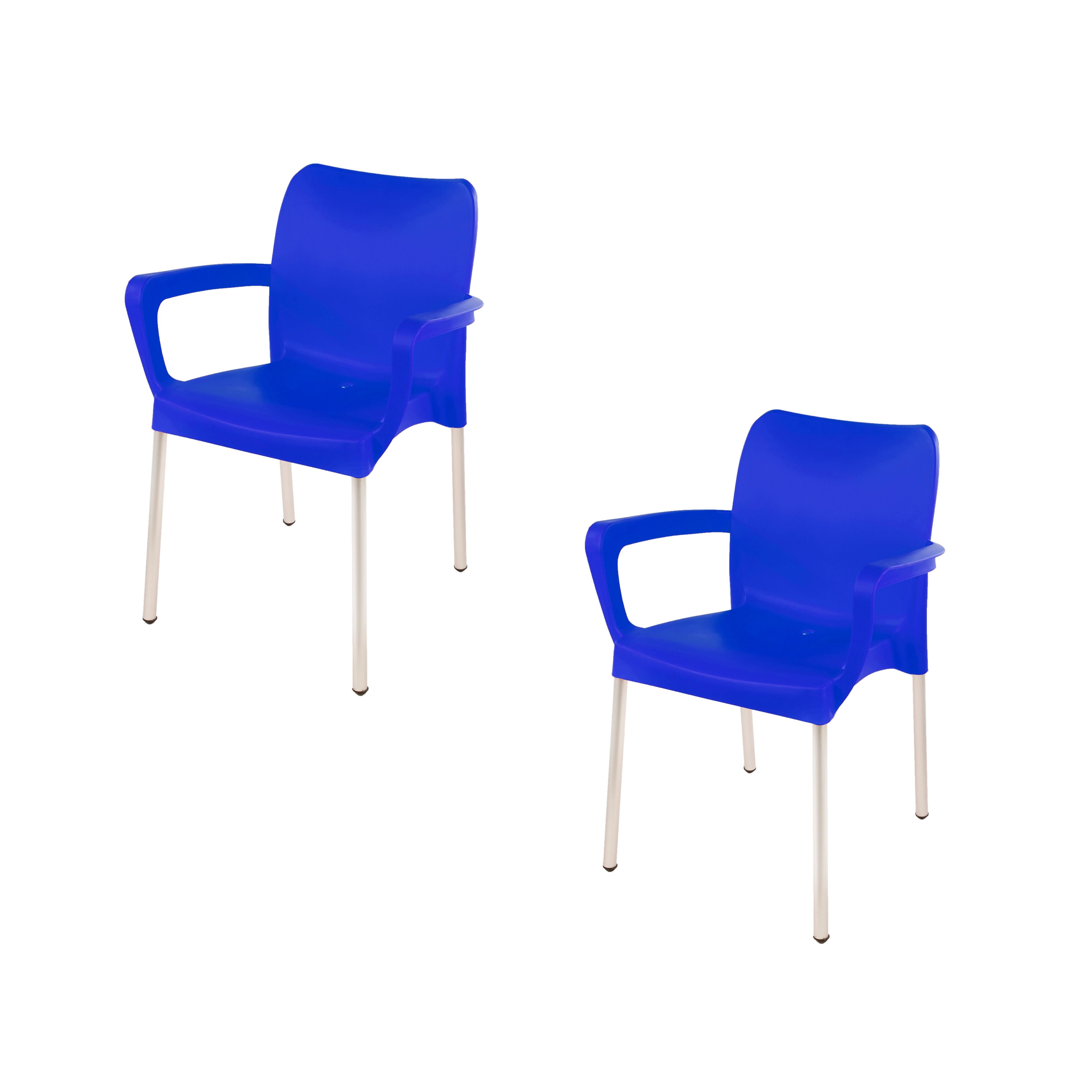 Heavy Duty Plastic Stacking Chair – Bistro Design with Armrests - Blue - Set of 2