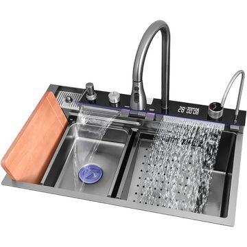 LED Display Modern Kitchen Sink Waterfall Push Button Temp Control
